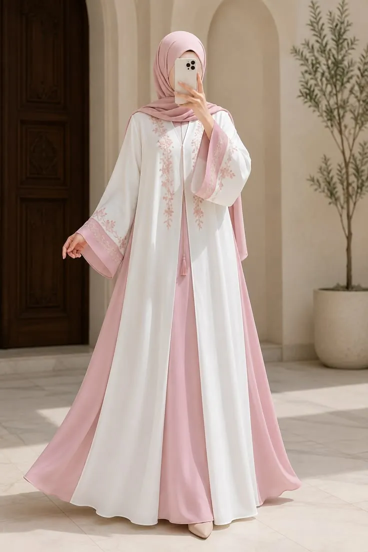 Abaya putih bordir motif bunga dengan aksen pink