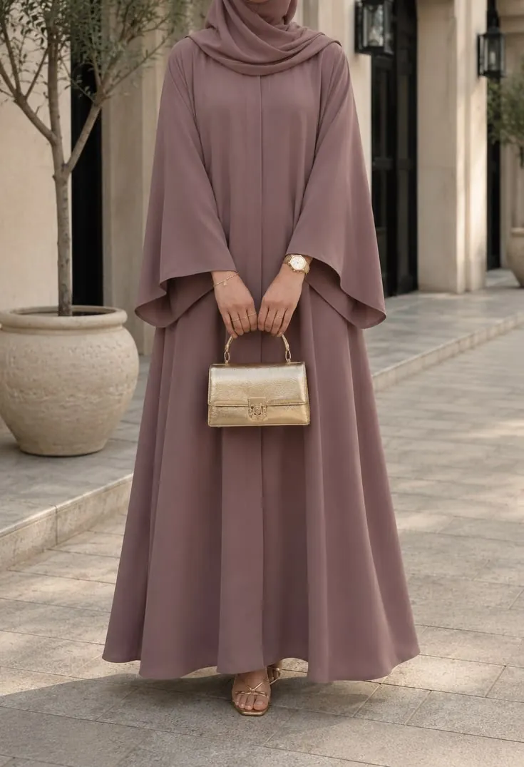 Abaya polos warna mauve dipakai model